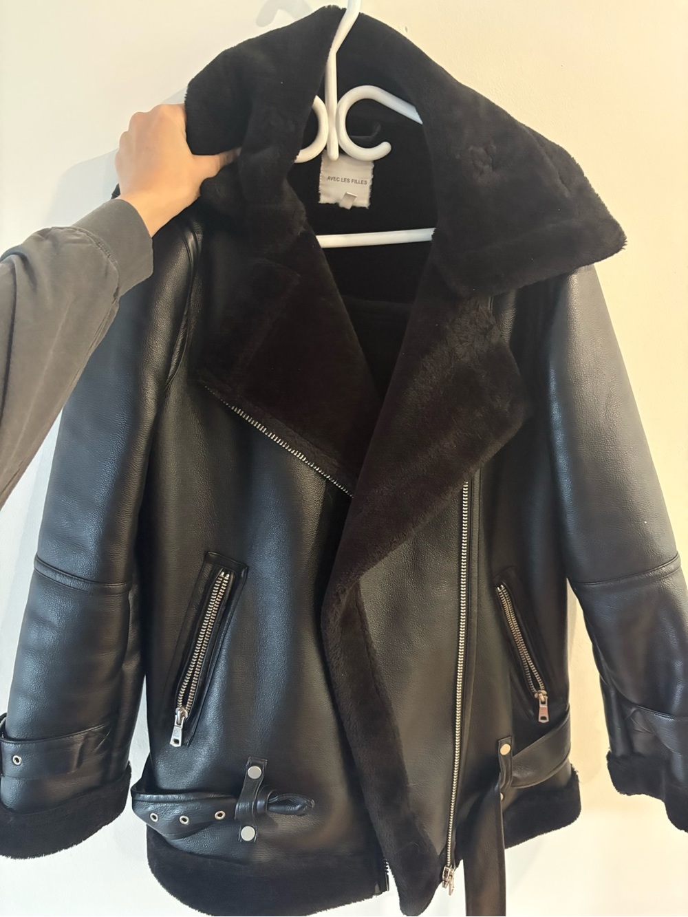 Avec Les Filles Black Faux-Shearling Moto-Style Jacket